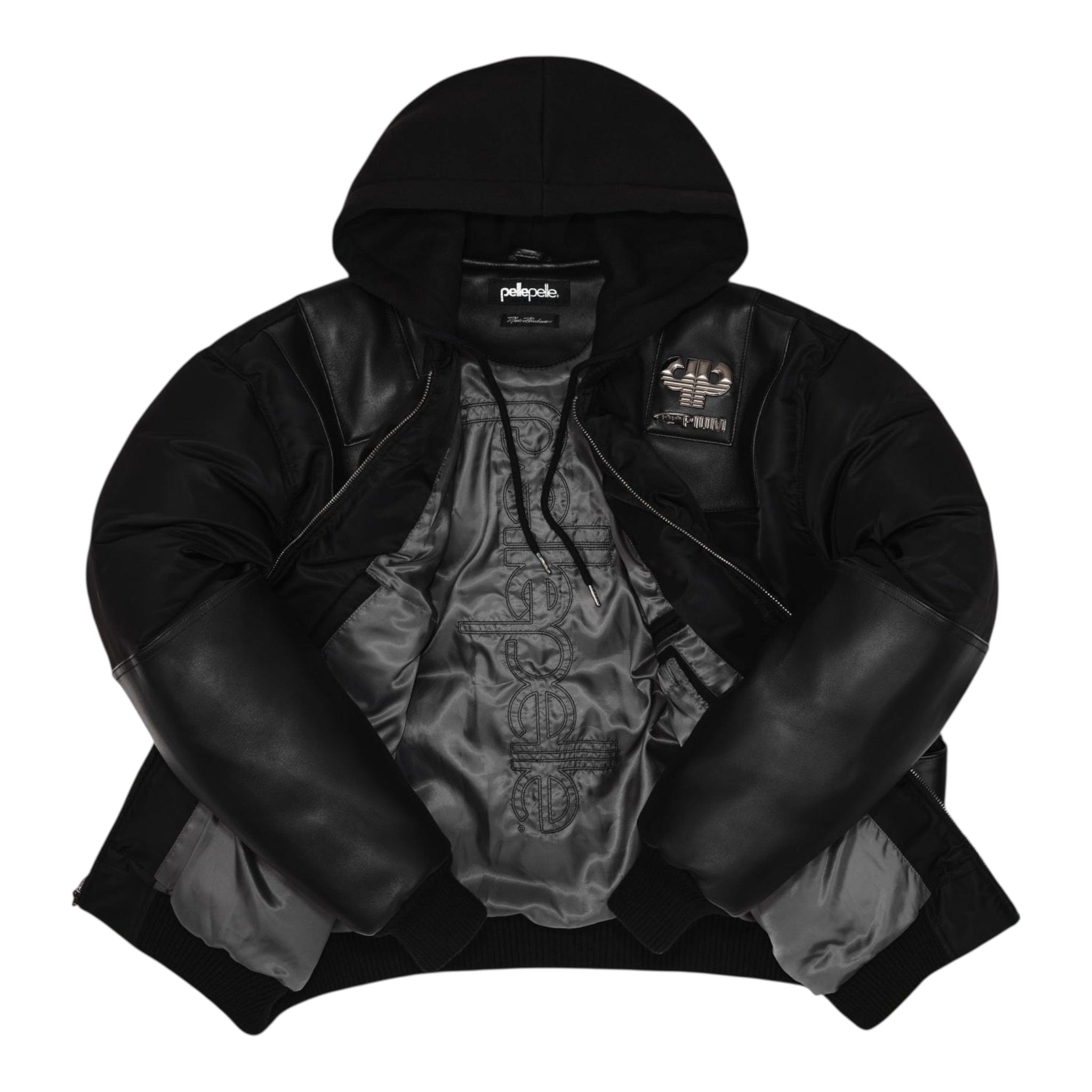 Pelle Pelle x Opium K9 Dogbiter Hooded Leather Bomber Jacket Black Sil