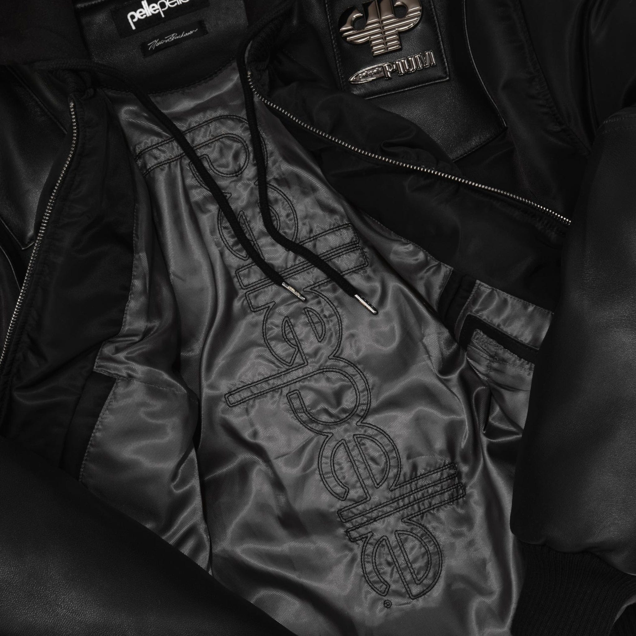 Pelle Pelle x Opium K9 Dogbiter Hooded Leather Bomber Jacket Black Sil