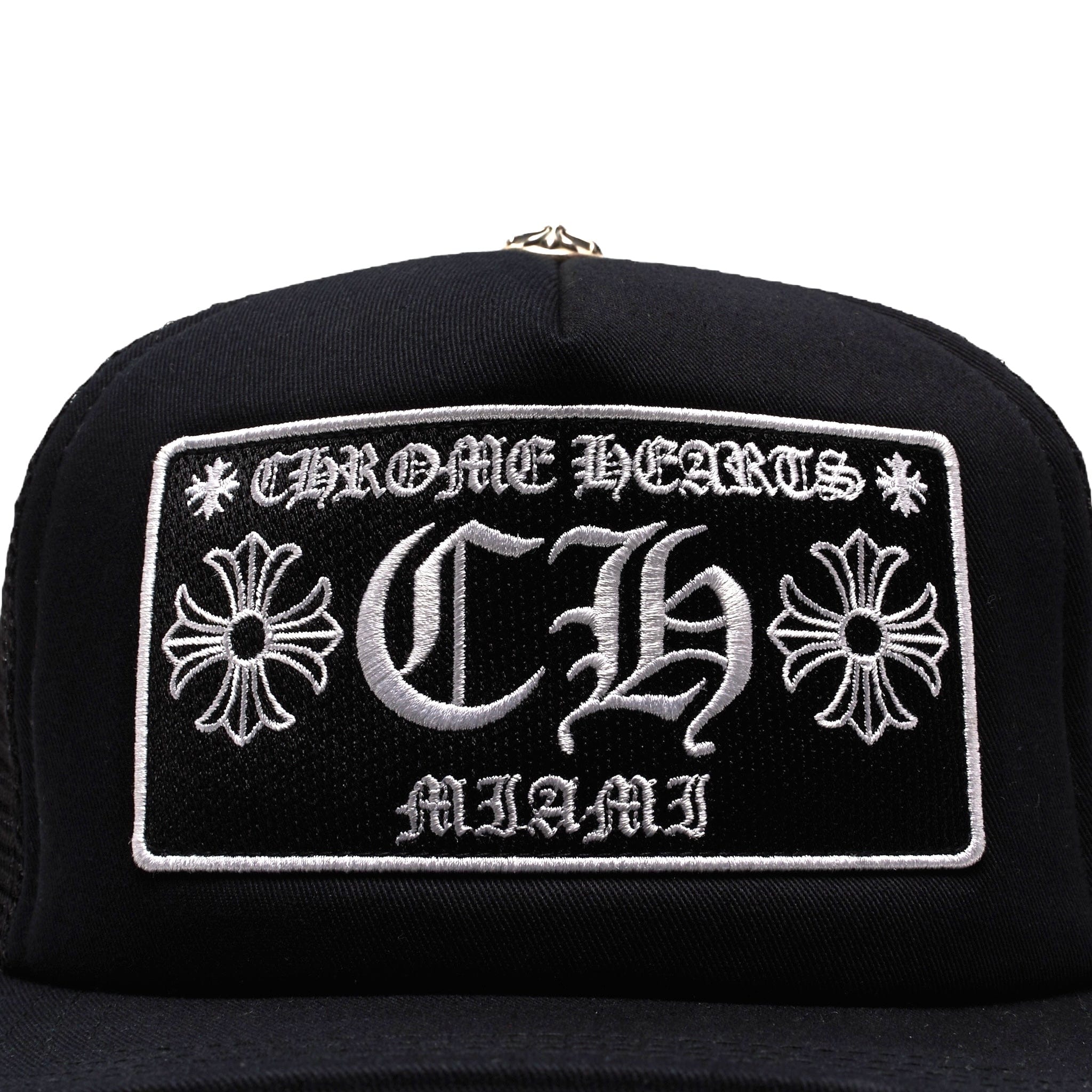 Chrome Hearts Miami Exclusive CH Patch Trucker Hat Black White