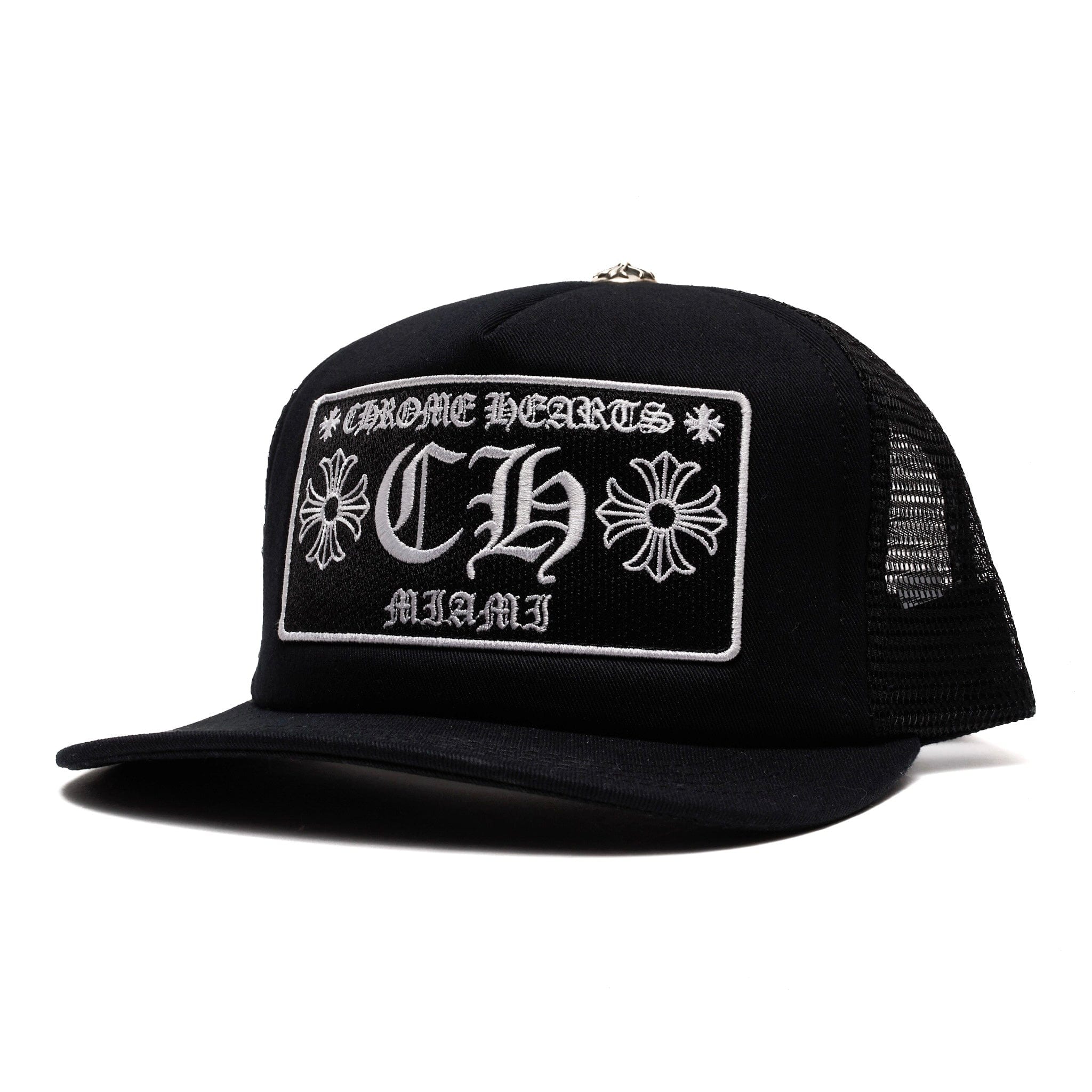 Chrome Hearts Miami Exclusive CH Patch Trucker Hat Black White Chrome Hearts Miami Exclusive CH Patch Trucker Hat Black White