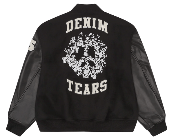 DENIM TEARS ボンバージャケット ブラック ナイロン ワッペン L Denim Tears Embroidered Peace Wreath Patch Varsity Jacket Black Multi