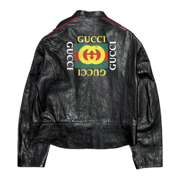 Gucci Gucci Print Leather Motorcycle Jacket Black