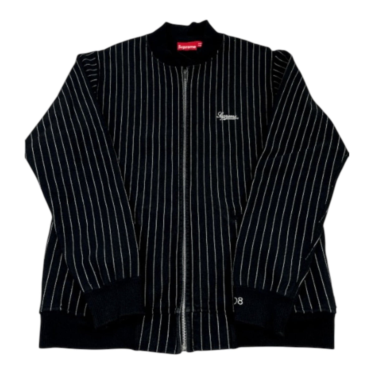 Supreme Script Logo Pinstripe Zip Up Varsity Jacket Black White Pre-Ow